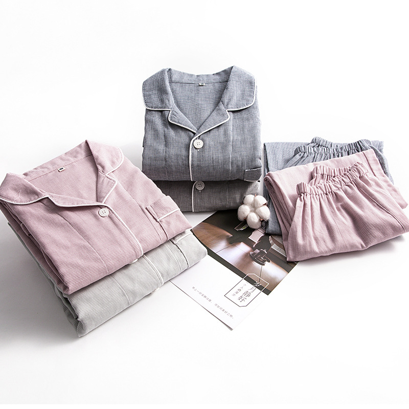 Pure Cotton Thin Houndstooth Double Gauze Couple Pajamas Set Japanese Good Cotton Muji Home Clothes Wholesale
