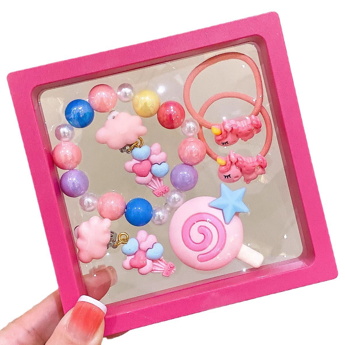 Children's Bracelet Set Unicorn Fishtail Hand Beaded Jewelry Cute Ear Clip Jewelry Gift Box Cross-border Jewelry