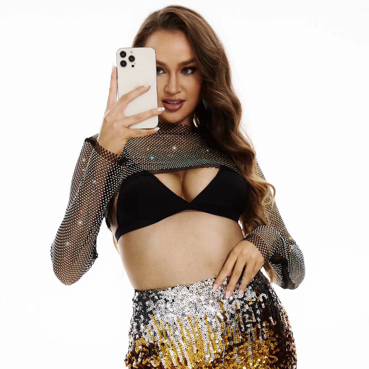 Internet celebrity hot rhinestone Western style short pullover long sleeve suspender skirt with small coat hot rhinestone fishing net top Amazon