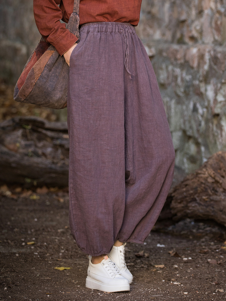 Ramie fried color distressed 24 spring and summer new cotton and linen women's clothing artistic loose radish pants women's cropped pants bloomers