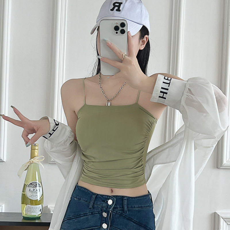 Ice Silk Beautiful Back Camisole Women's Inner Integrated Chest Pad Hot Girl Design Niche Pleated Outer Wear Base Top