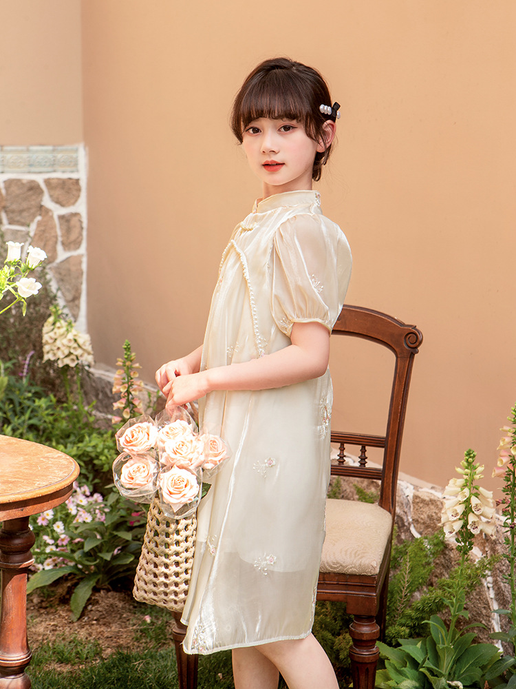 Girls' dress 2023 New Children's Western Style Princess Dress Summer Hanfu Girls' Dress Fake Pearl Skirt