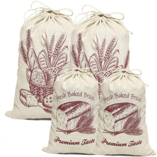 Cross border hot linen bread bag reusable baguette drawstring bag cotton bunched bread bag