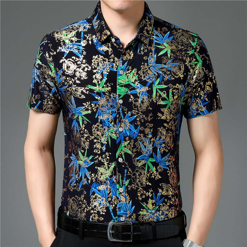 Middle-aged men's summer short-sleeved floral shirt loose non-ironing casual half-sleeve ice silk shirt bronzing thin shirt fashion