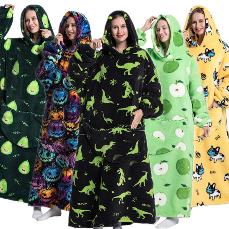 New Cross-border Amazon Winter Clothing Lazy Blanket Hooded Extended Foot Naked Thickened Women's Home Pajamas Autumn and Winter Cute