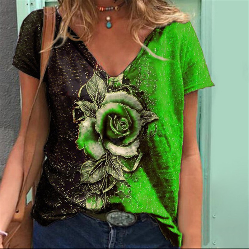  Summer European and American Cross-Border New Women's Independent Station 3D Romantic Plum Blossom Print T-Shirt