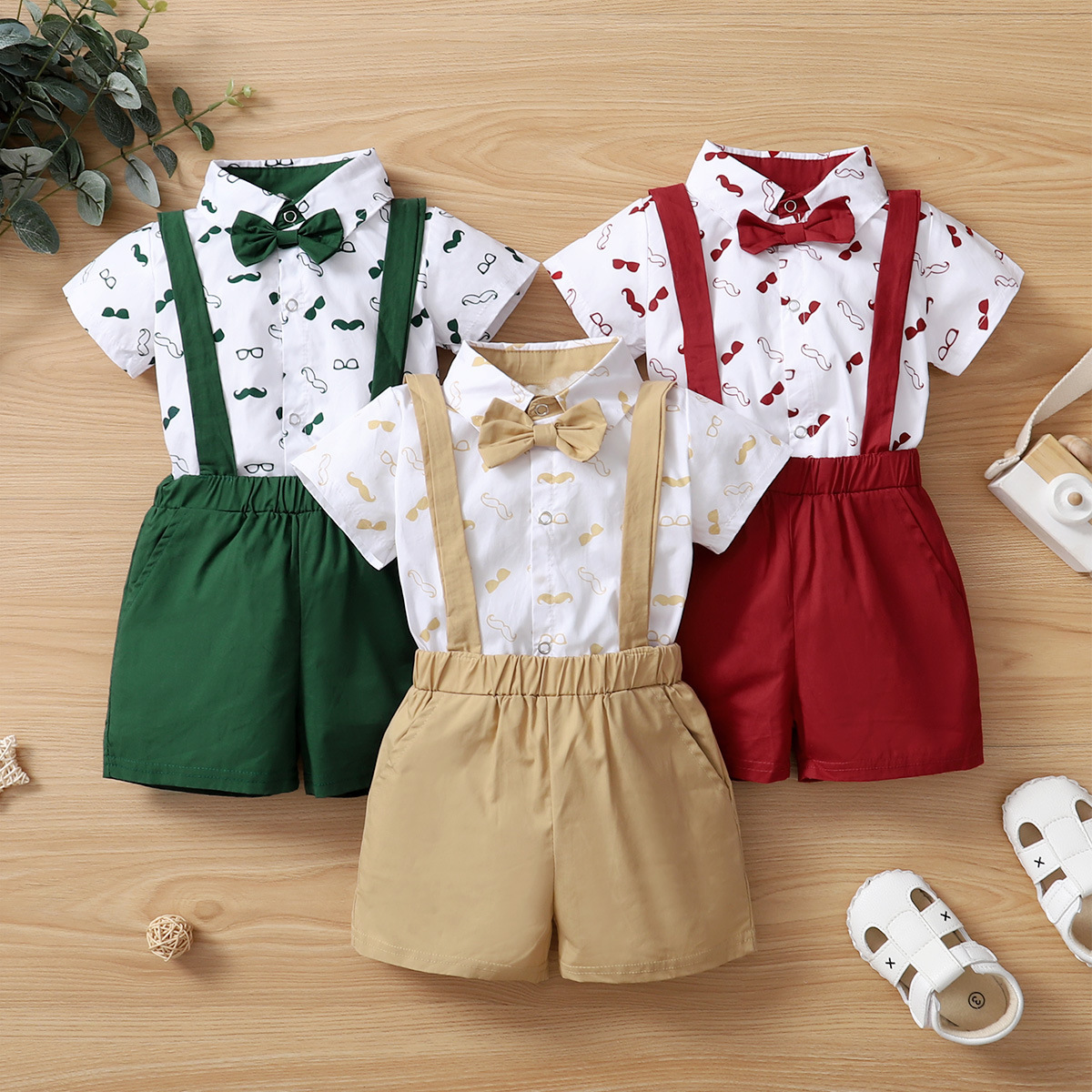 2022 boys' Spring and Autumn New Korean style popular beard printed romper + suspender pants two-piece set