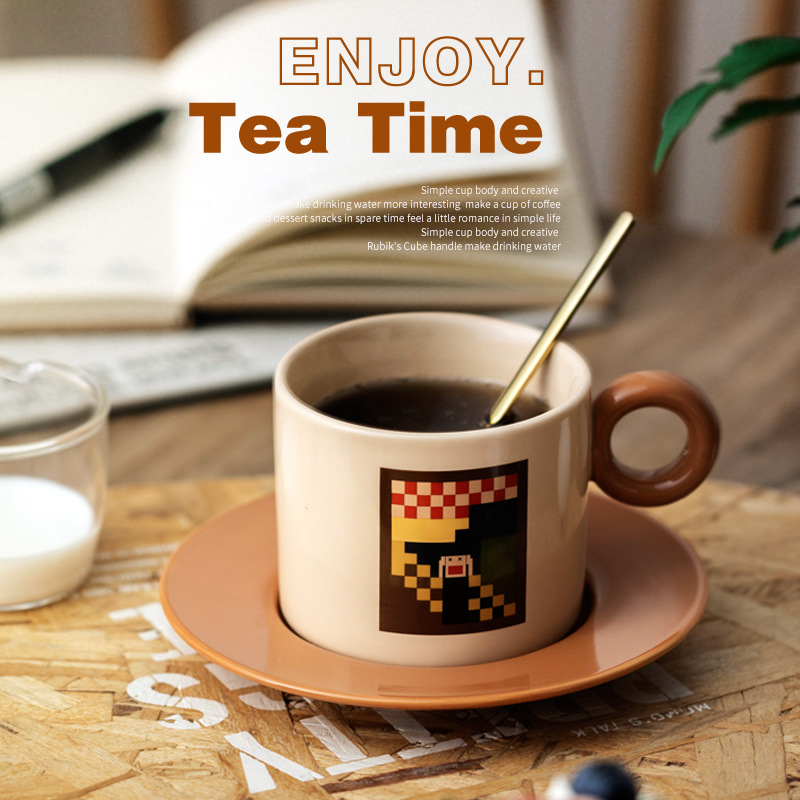 Pixel Painting Artistic Retro Creative Ceramic Coffee Cup and Saucer Set High Color Value Home Cafe Morandi ins