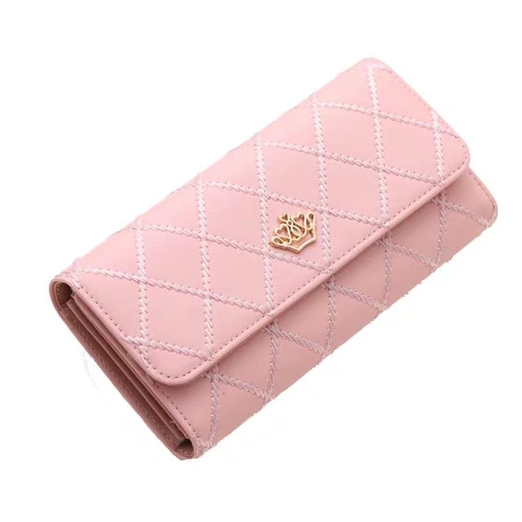 2025 new PU women's wallet long three-fold Korean version of the clutch buckle diamond crown multi-card wallet