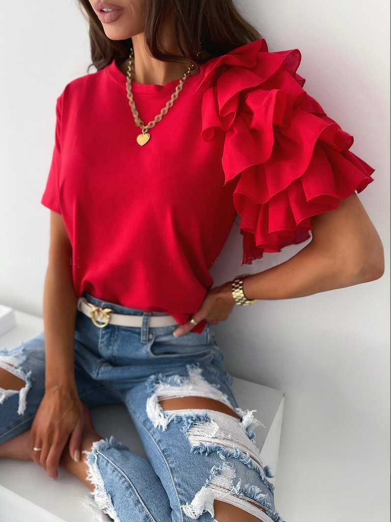 2021 AliExpress wish Amazon Explosions Summer Simple Fashion Ruffled Short-sleeved Round Neck Women's T-shirt