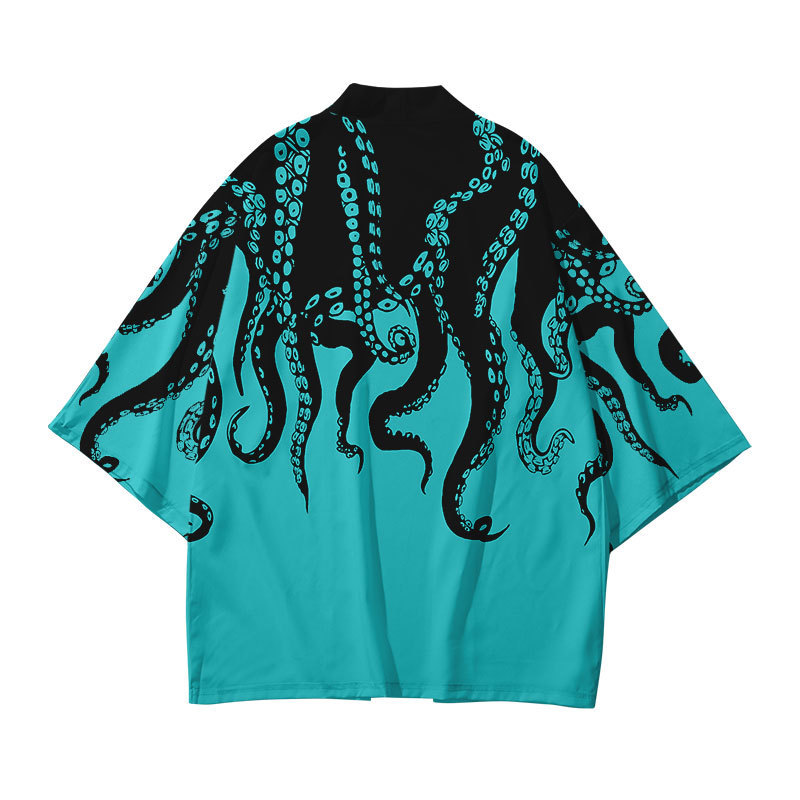 Summer kimono cross-border octopus Series 3D printed cropped shirt gown cardigan loose Men's Feather woven custom delivery