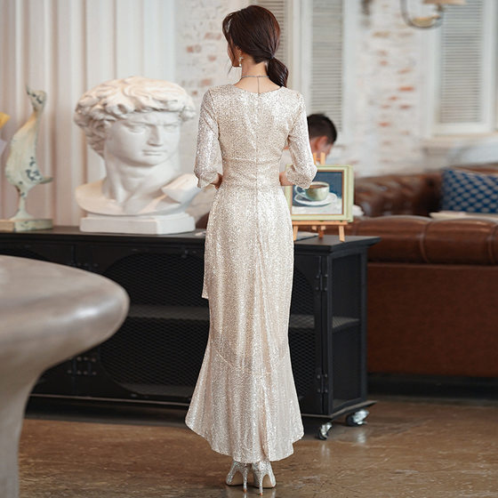 Fishtail Evening Dress Women's High-end Niche High-end Elegant Socialite Light Luxury Small Sequin Host Dress