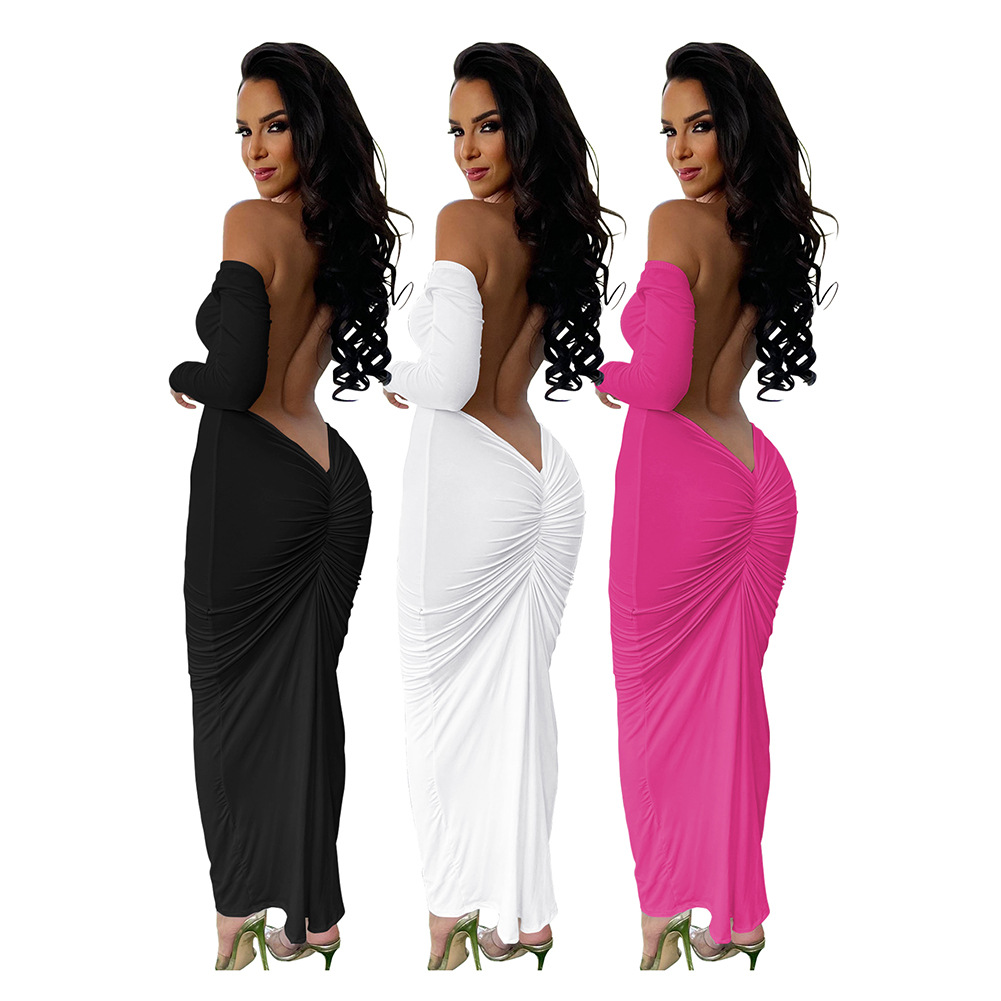 D88211 European and American Women's Clothing Amazon Hot Cross-border Supply New Backless Shoulder Long Sleeve Solid Color Dress
