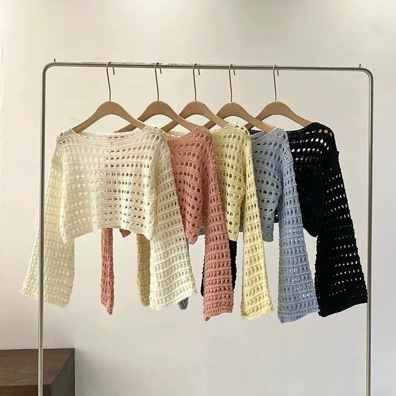 2024 Spring and Summer New French Short Long-sleeved Hollow Knitted Sweater Women's Design Sense Thin Sunscreen Blouse Top