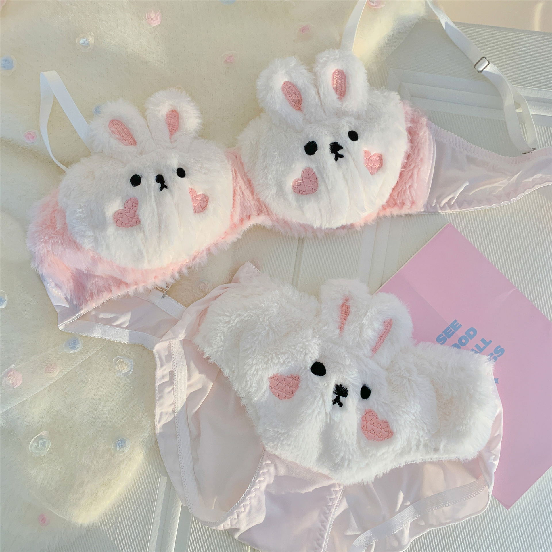 Plush Bunny~Autumn and Winter Plush Small Breast Push-Up Underwear Women's Suit Warm Bra Plush Cute Bra