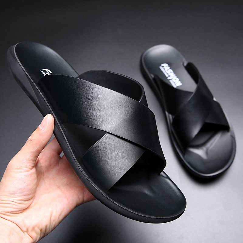 2023 men's summer new leather slippers casual soft leather soft bottom anti-slip men's sandals and slippers support a generation of hair