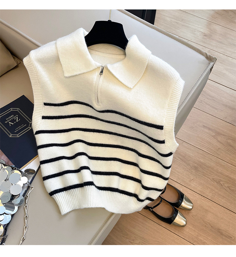 Koreanischen stil retro revers reißverschluss gestreiften gestrickte weste pullover frauen herbst und winter innen tragen äußere tragen temperament weste frauen_voghion.com