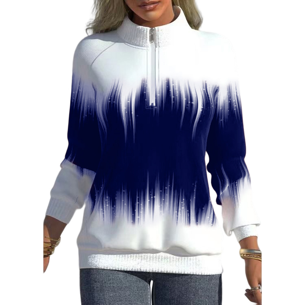 European and American Women's Clothing Amazon Independent Station New Gradual Color Printing Collar Zipper Long Sleeve Winter Half-high Collar Sweater