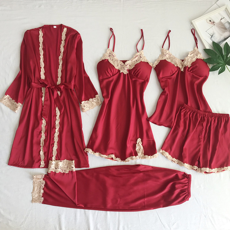 Cross-border supply imitation silk pajamas sexy underwear five-piece sling women's home clothes bathrobe robe large size wholesale