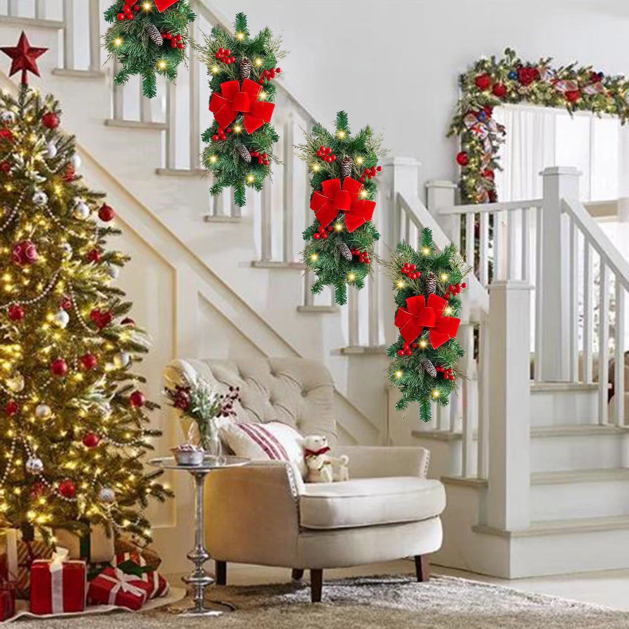 Christmas Wreath Hanging led Stairs Red Rattan Bow Wreath Pine Cone Decoration_voghion.com