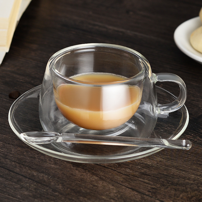 コーヒーカップガラス高颜値トランペットスプーン付きins風軽贅沢家庭用コップクリエイティブ二重カップセット|undefined