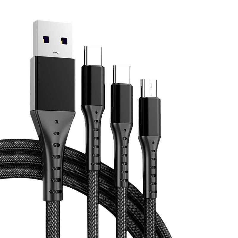 5A super fast charging mobile phone data cable is suitable for Apple Huawei one-to-three charging line three-in-one fishing net braided line
