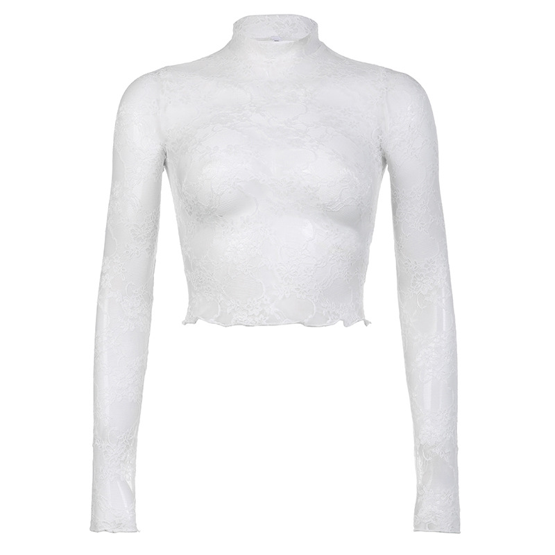 2023 Europe and the United States cross-border solid color temperament sunscreen slim bottoming lace perspective long sleeve semi-high collar T-shirt top women