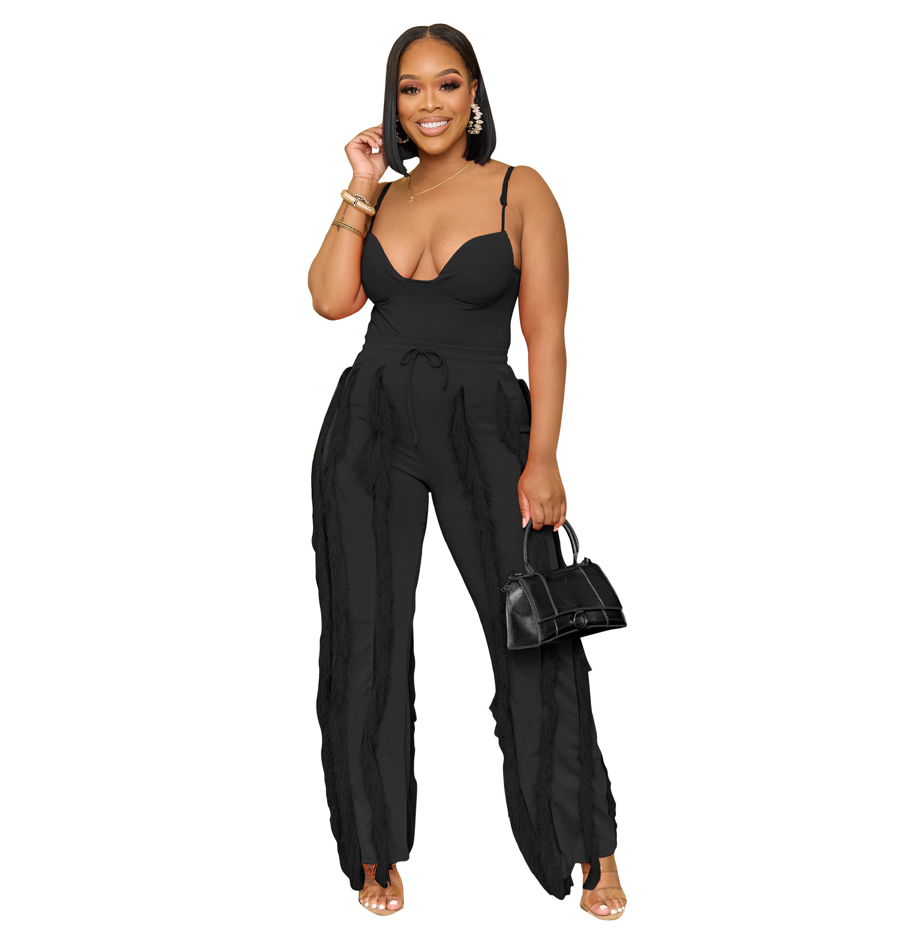 AL246 Amazon Cross-border European and American Women's Suit Tassel Lace Strap Jumpsuit Two-piece Straight-through Pants Summer