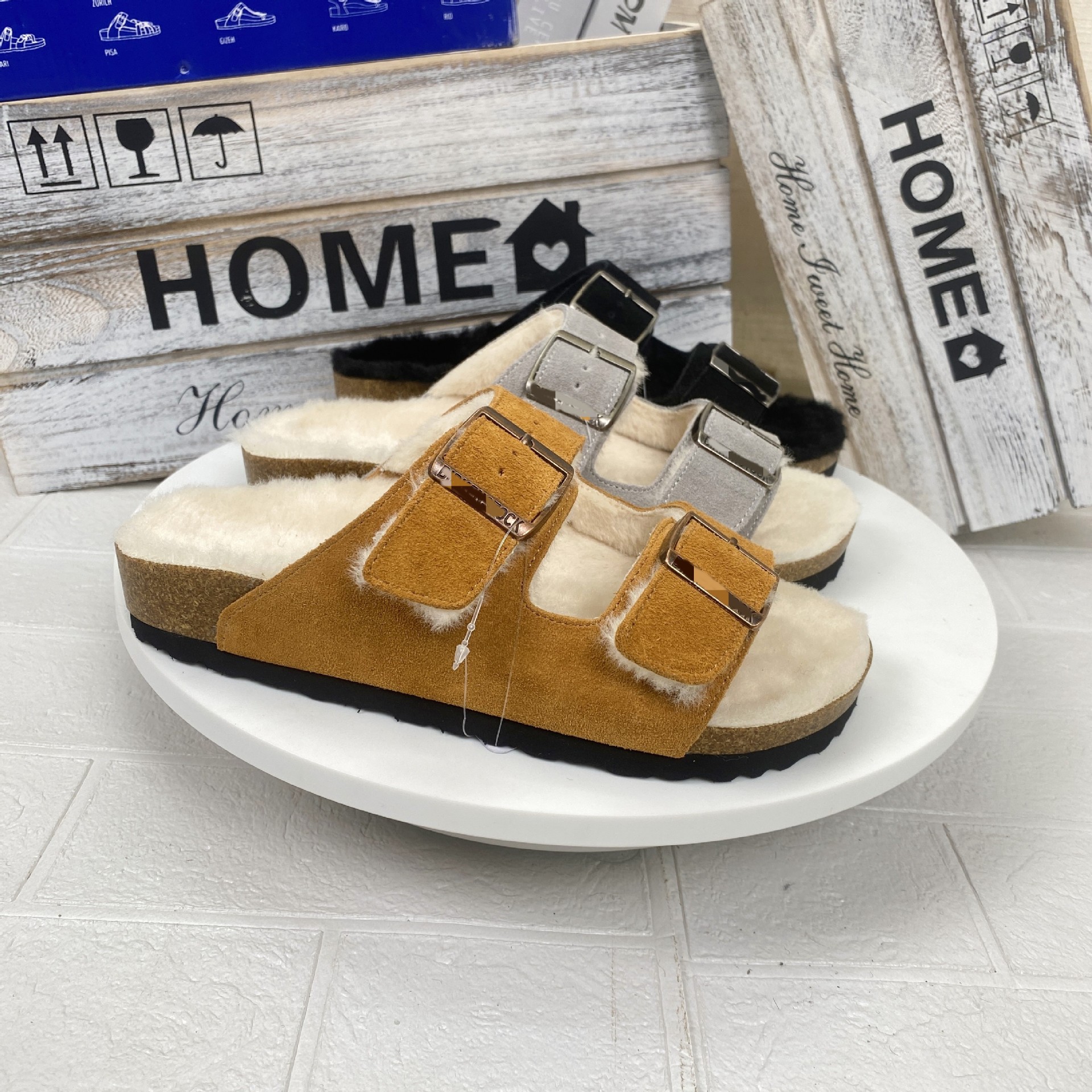 Winter fleece-lined Boken shoes cotton slippers outdoor fashion plush shoes women's Arizona series Boken Cork slippers