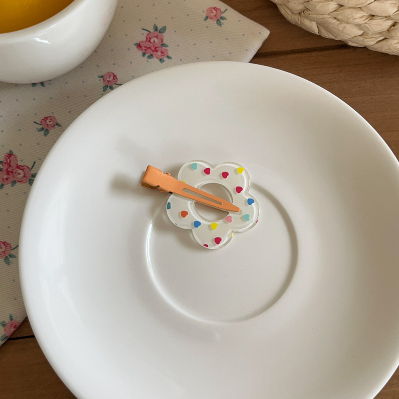 Forcina per capelli con motivo floreale a pois a quadri ritagliati, a forma di cuore, versatile, con fiore, per il trucco, con clip a becco d'anatra, con frangia spezzata_voghion.com