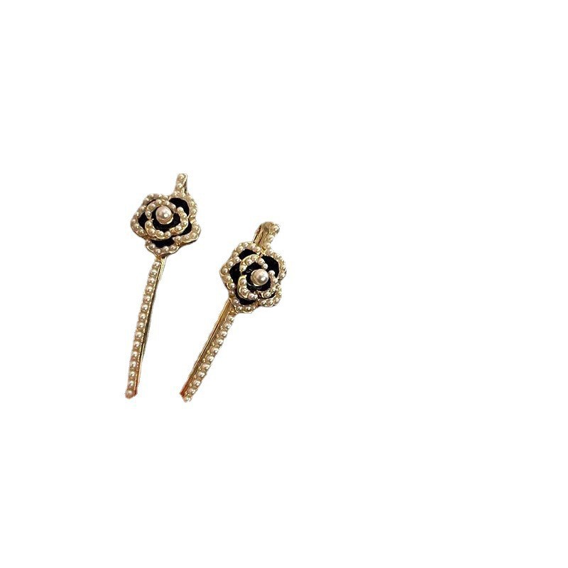 French Retro Black Camellia Pearl Hairpin Korean Hair Accessories Headwear One Word Clip Side Clip Side Hairpin Clip