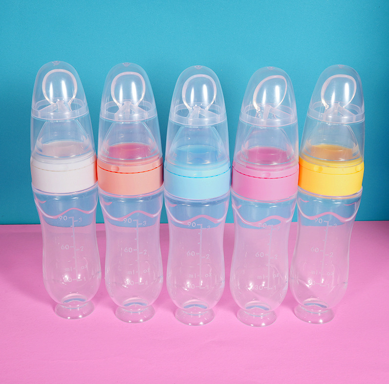 Factory direct silicone bottle feeding complementary spoon squeeze spoon suction cup soft spoon silicone bottle baby soft spoon rice paste bottle