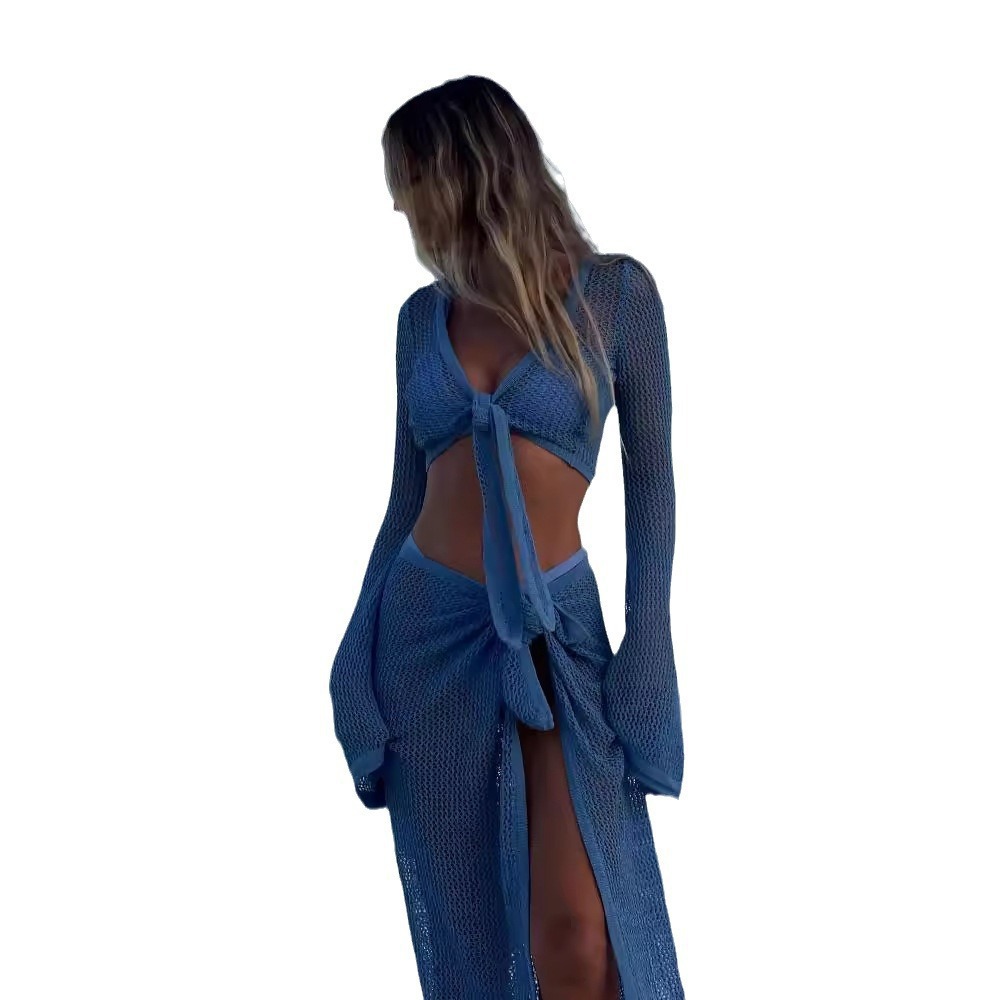 Hollow-out Long-sleeved Knitted Two-piece Short Top European and American Beach Sexy Strap Seaside Skirt suit
