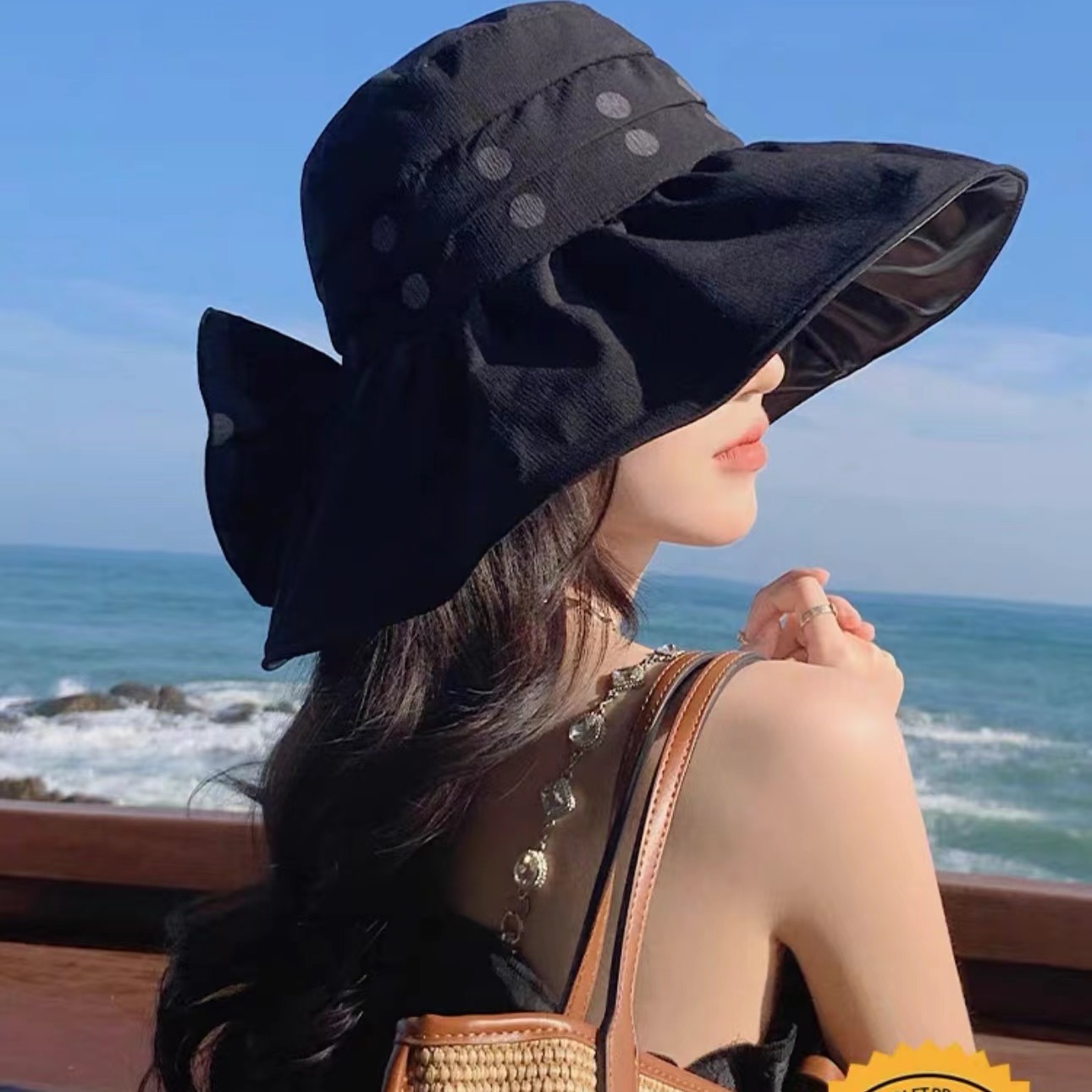 Sun hat women's summer big brim Korean style all-match UV protection face cover fisherman hat Japanese style polka dot bow travel