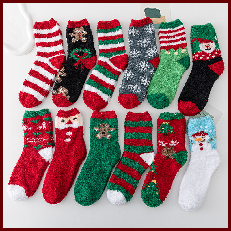 Autumn and Winter Thickened Coral Fleece Socks Warm Half Fleece Socks Towel Socks Home Cartoon Sleep Socks Thickened Christmas Socks