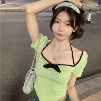  Girl's Heart Pure Desire Hot Girl Bow Design Summer Short Top Women's Sweet Short Sleeve Halter T-Shirt