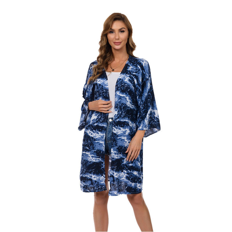 European and American Leopard Print Beach Dress Sunscreen Shirt Cross-border Women's Mid-length Beach Blouse Printed Chiffon Top Cardigan Women