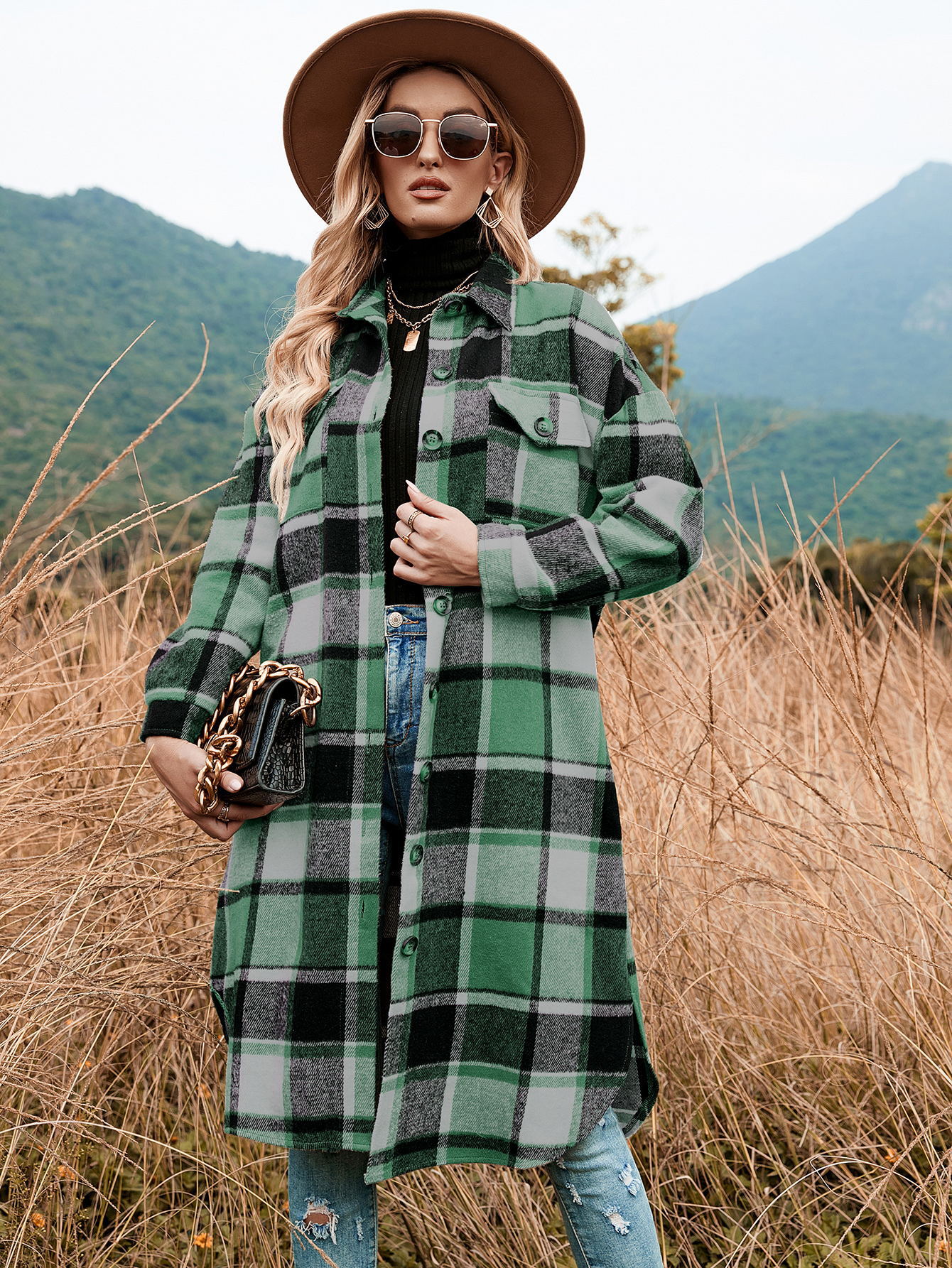 2022 autumn and winter European and American temperament windbreaker coat side slit lapel loose woolen plaid shirt coat in stock_voghion.com