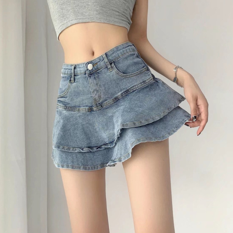 American Hot Girl Denim Skirt Women's Summer Fishtail Skirt High Waist Slim A-Line Skirt Ruffled Butt-covering Skirt