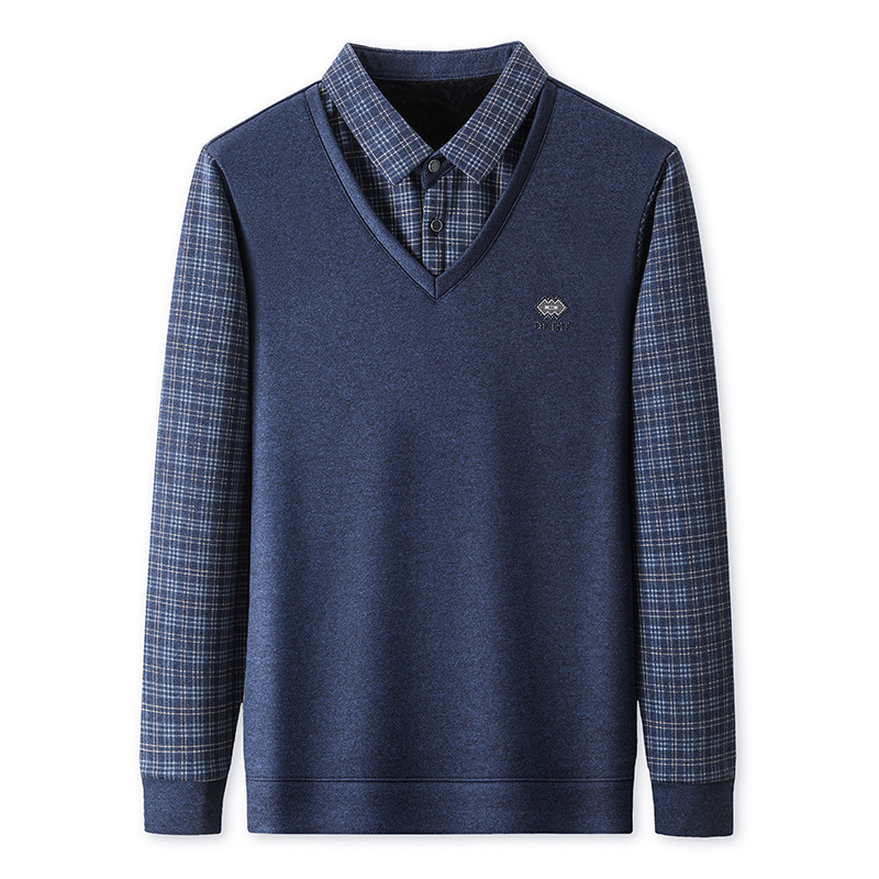 2023autumn and winter fleece-lined thickened fake two-piece sweater long-sleeved T-shirt Korean casual warm sweater men's fashion