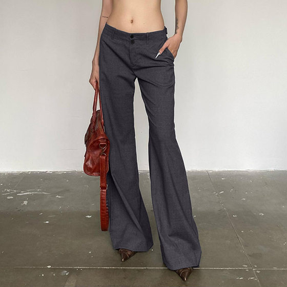 European and American women's clothing hot girl workplace temperament low waist straight suit pants two buttons casual draping mop woven trousers