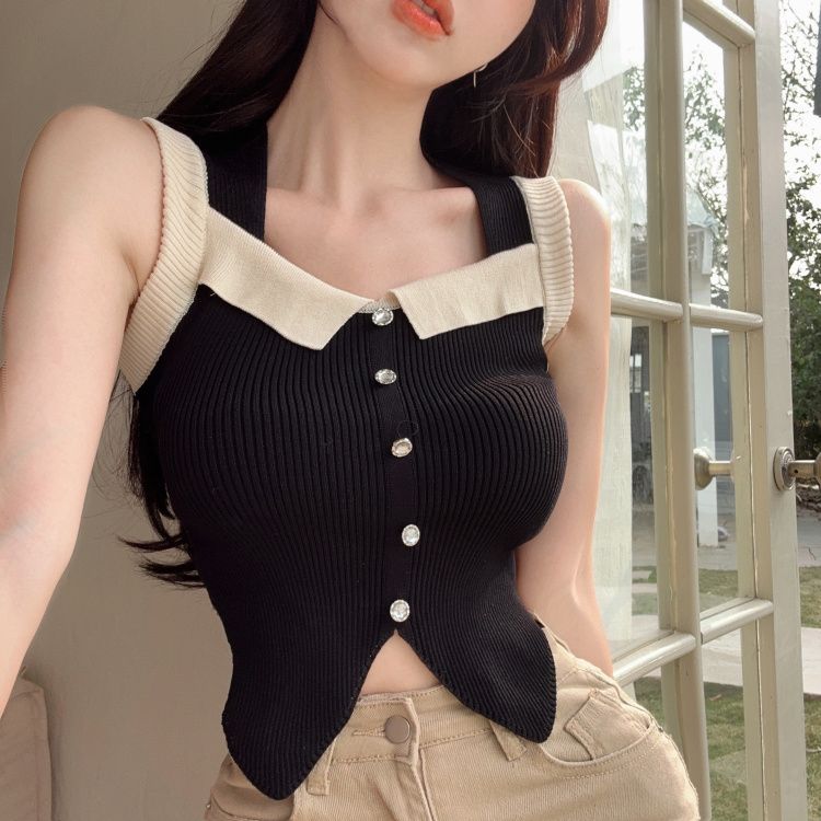 French style little fragrant suspender belt for women summer new style white vest with buttons inside and sexy slim hot girl sleeveless top