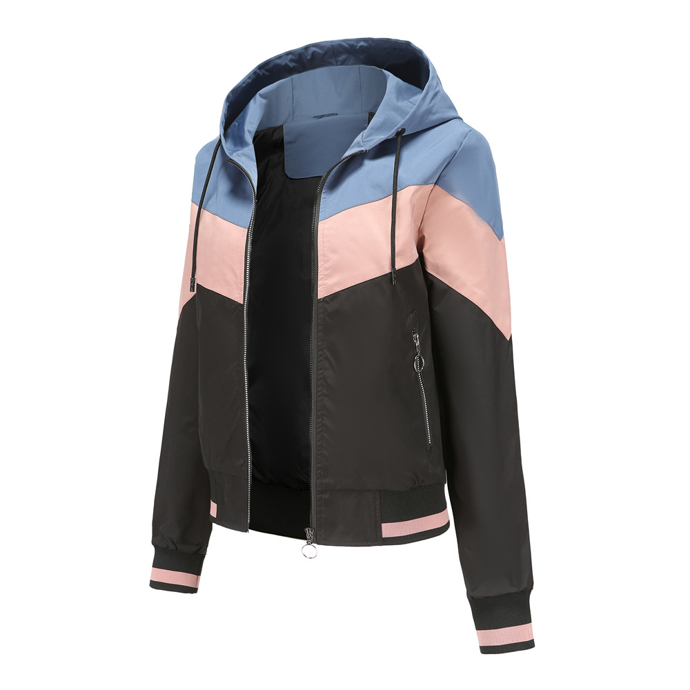 Women's Thin Windbreaker Women's Spring and Autumn Hooded Jacket Women's Outdoor Raincoat Color Matching Pull Rope Jacket_voghion.com