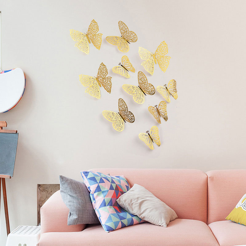 Hot selling metal texture 3D wall stickers hollow butterfly wall decoration three-dimensional creative stickers simulation butterfly Amazon