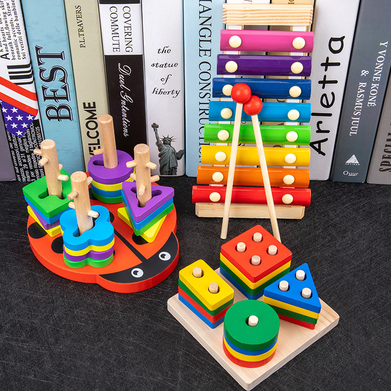 Cross-border children's eight-tone piano playing small beads rainbow tower four sets of column jigsaw puzzle twisted worm wooden small toys wholesale