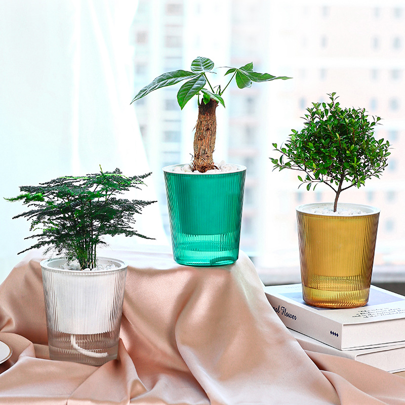 Meixuan colorful self-priming water and soil culture flower pot imitation glass vertical pattern creative plant green radish translucent resin pot manufacturer