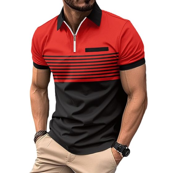 Cross-border Trade 2025 Spring Men's Printed Casual Popular Polyester Short-sleeved Striped Zipper Polo Shirt T-shirt for Men