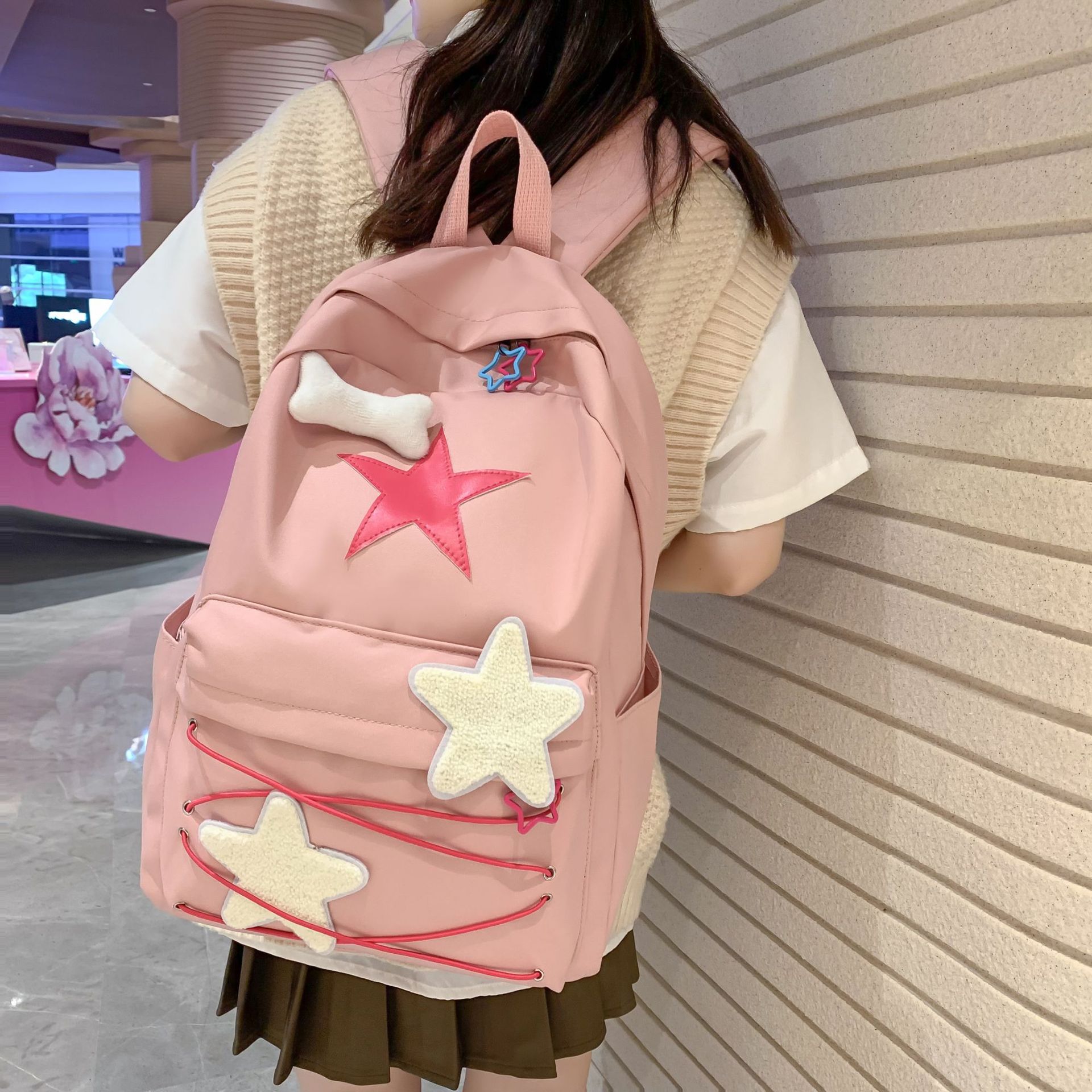 2023 New Homemade Sweet and Spicy Pink y2k Spice Girls Green Star Strap Backpack Bag Yabi Large Capacity Schoolbag
