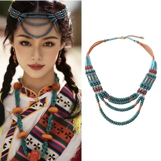 Ethnic style forehead decoration necklace dual-use 4-layer rice beads bohemian travel photography performance decoration hair accessories female handmade