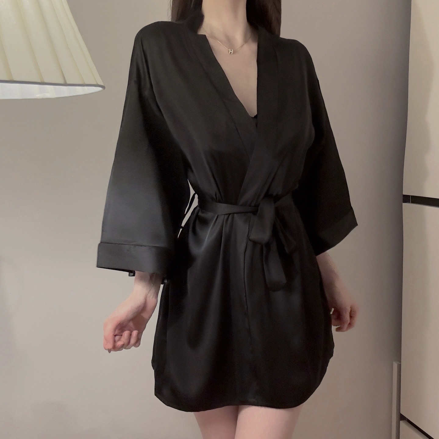 Night Fun Dessous Sexy Satin Dünne Strickjacke Schnürnachthemd Übergröße Bademantel Hauskleidung Pyjama Damenanzug_voghion.com